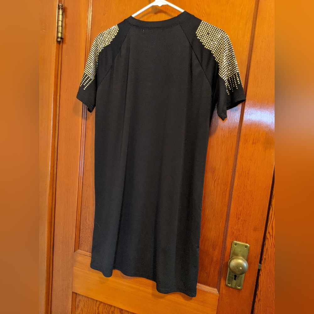 Black Tee Shirt Dress with Gold Accents - Picture 2 of 3